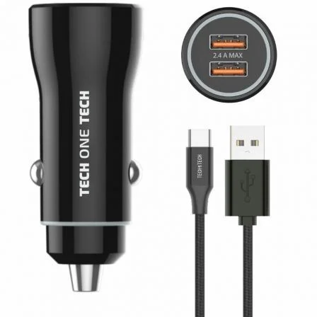 Tech One Tech TEC2803 Cargador de Coche 2xUSB-A con Cable USB-C de 1m, Negro Tech One Tech TEC2803 Cargador de Coche 2xUSB-A con Cable USB-C de 1m, Negro
